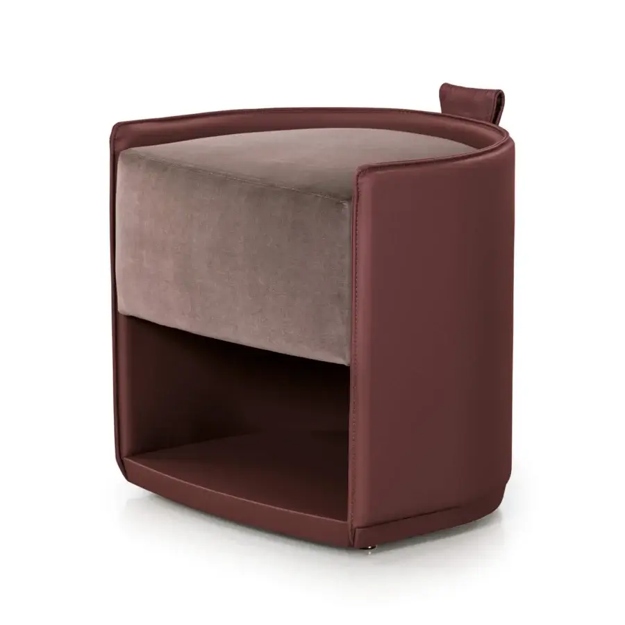 Distinguished Turri Vine ottoman with rounded rectangular shape, taupe textile cushion and burgundy leather-like frame with gilded detail
