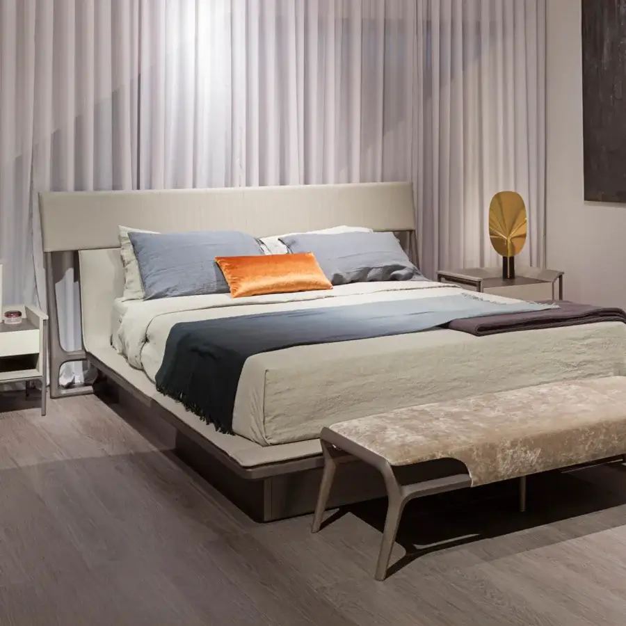 Superior Turri Vine bench with curved wooden structure and soft, beige textile upholstery crafted in Italy