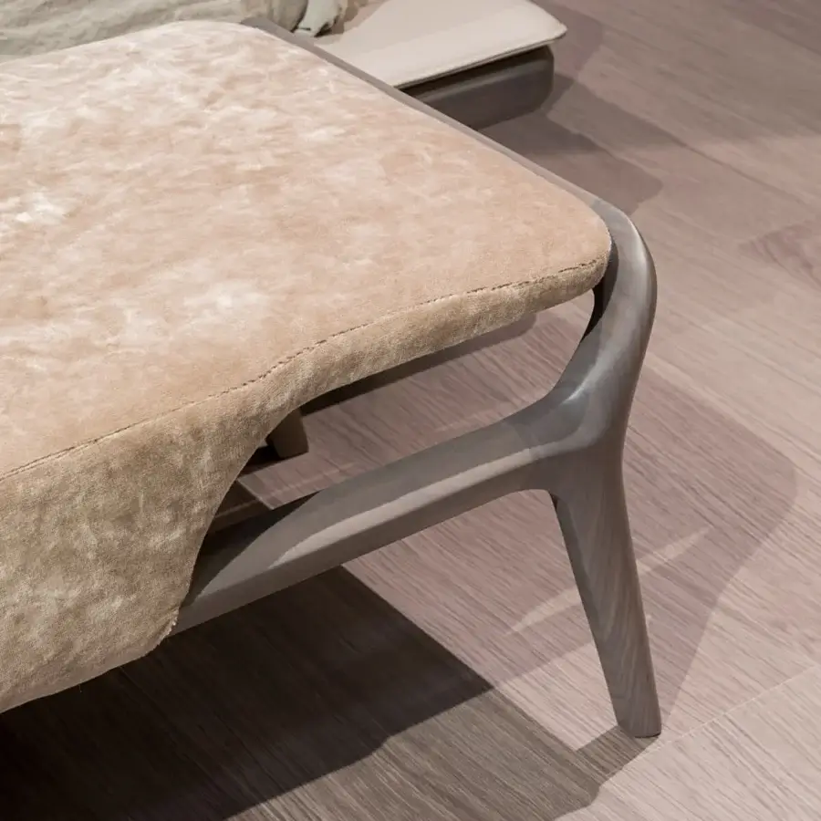Distinguished Turri Vine bench crafted with sinuous natural wood and upholstered in light beige fabric with a matte gray finish