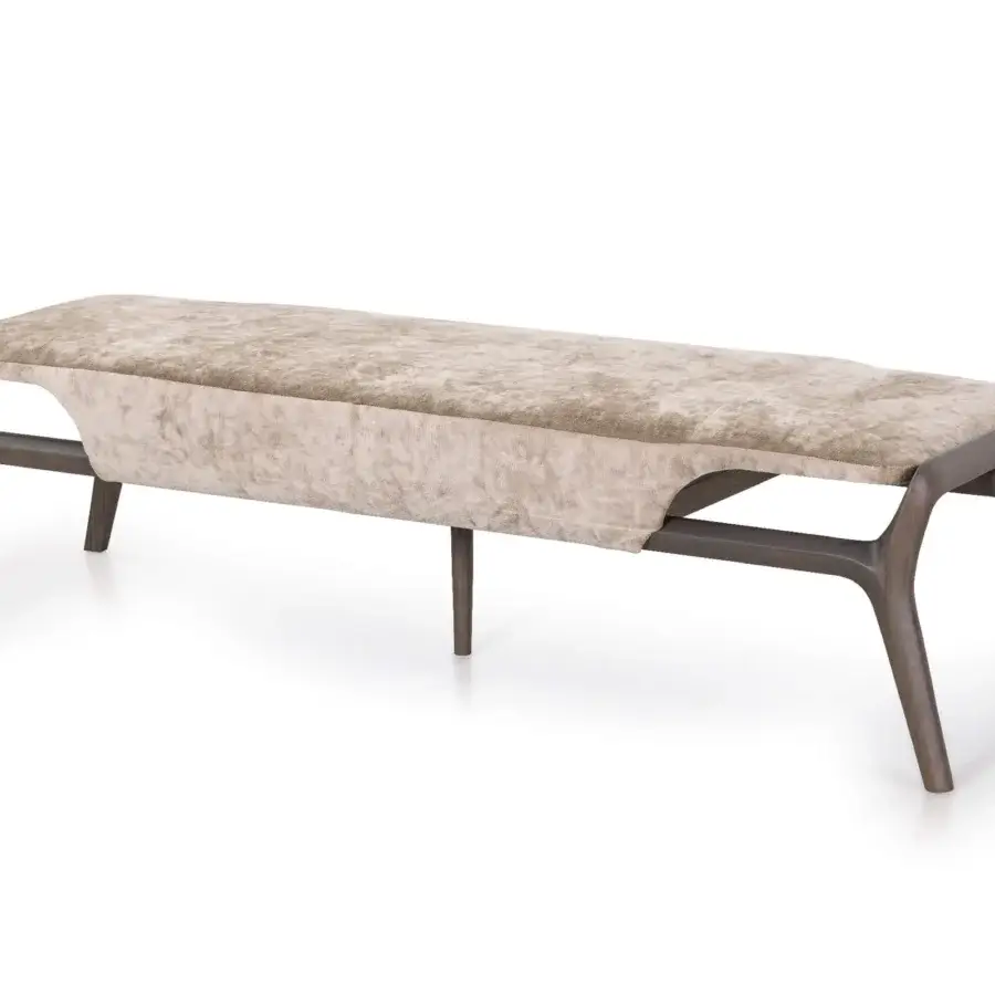 Exceptional Turri Vine bench crafted with dark-toned wood and textured light beige textile upholstery with smooth finish