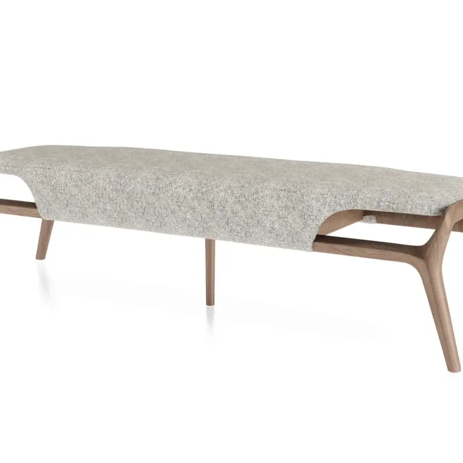 Superior Turri Vine bench with sinuous wood structure and fully covered light gray textile seat with a smooth finish