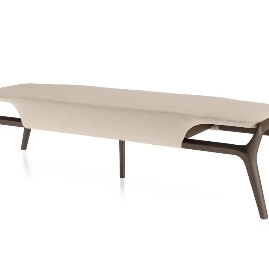 Elegant Turri Vine bench with sinuous dark brown matte wood and fully covered light beige textile seat