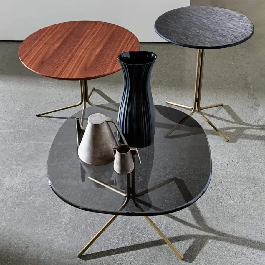 Superior Sovet Italia Genius coffee table with dark Materia top and golden lacquer metal tripod base