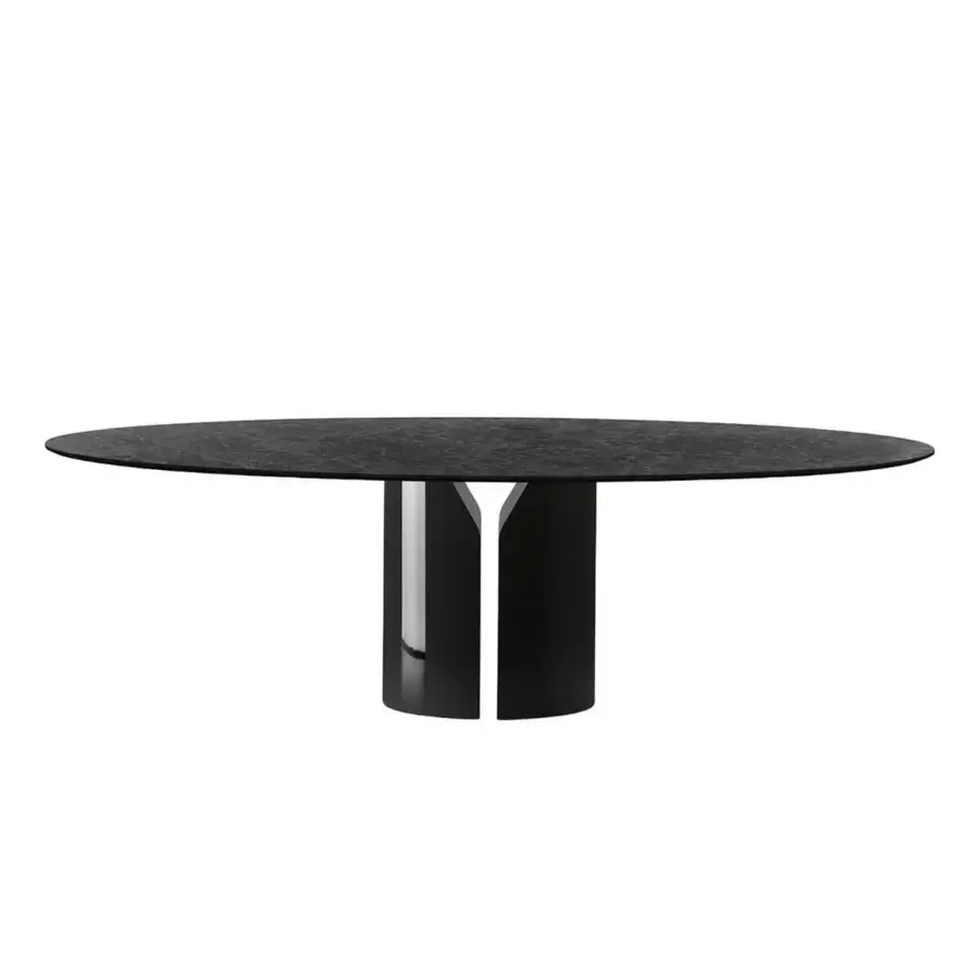 Exceptional MDF Italia NVL table with black Marquinia marble top and glossy black lacquer base crafted in a symmetrical design