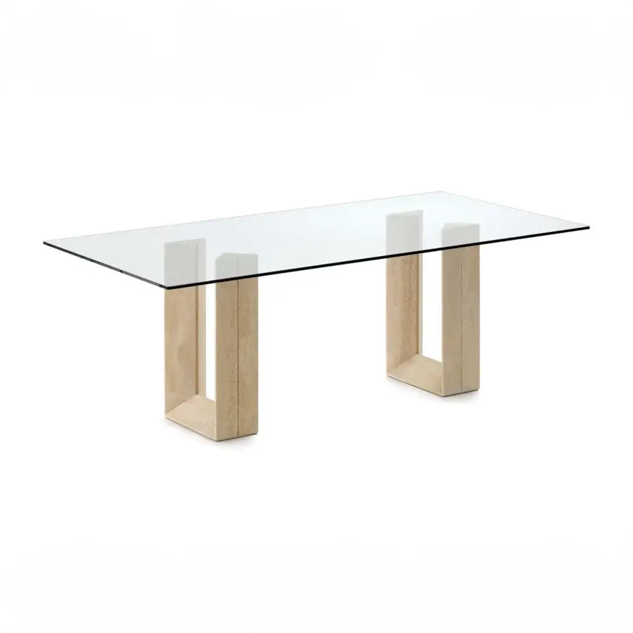 Distinguished Cattelan Italia Diapason table with transparent glass top and light beige matte marble legs