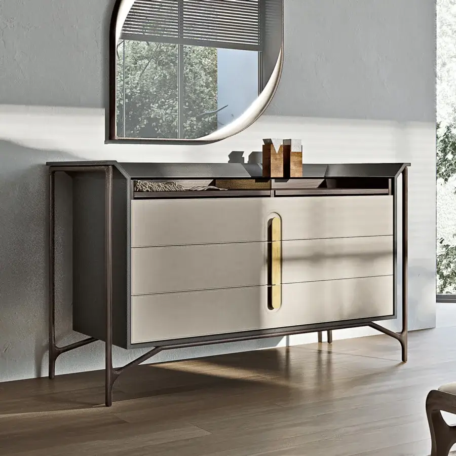 Superior Turri Vine dresser with wooden structure and leather-covered drawers in neutral beige or light gray matte finish