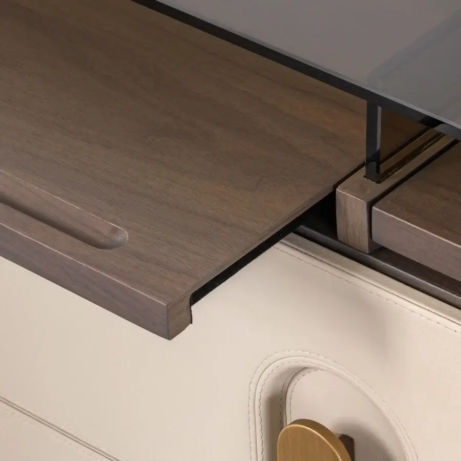 Exquisite Turri Vine dresser with wooden structure and leather-covered drawers, plus bronzed glass and brushed gold metal details