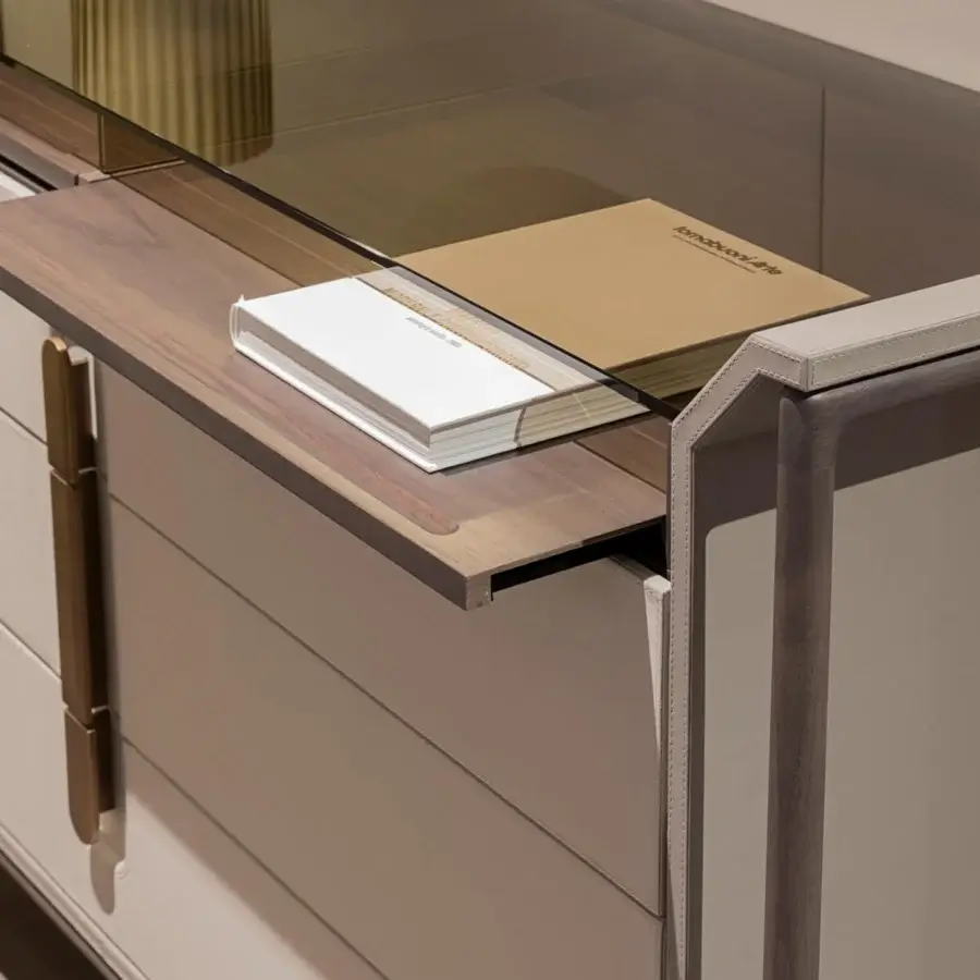 Superior Turri Vine dresser with wooden structure, beige leather plus bronzed glass, crafted with brushed gold metal drawer pulls