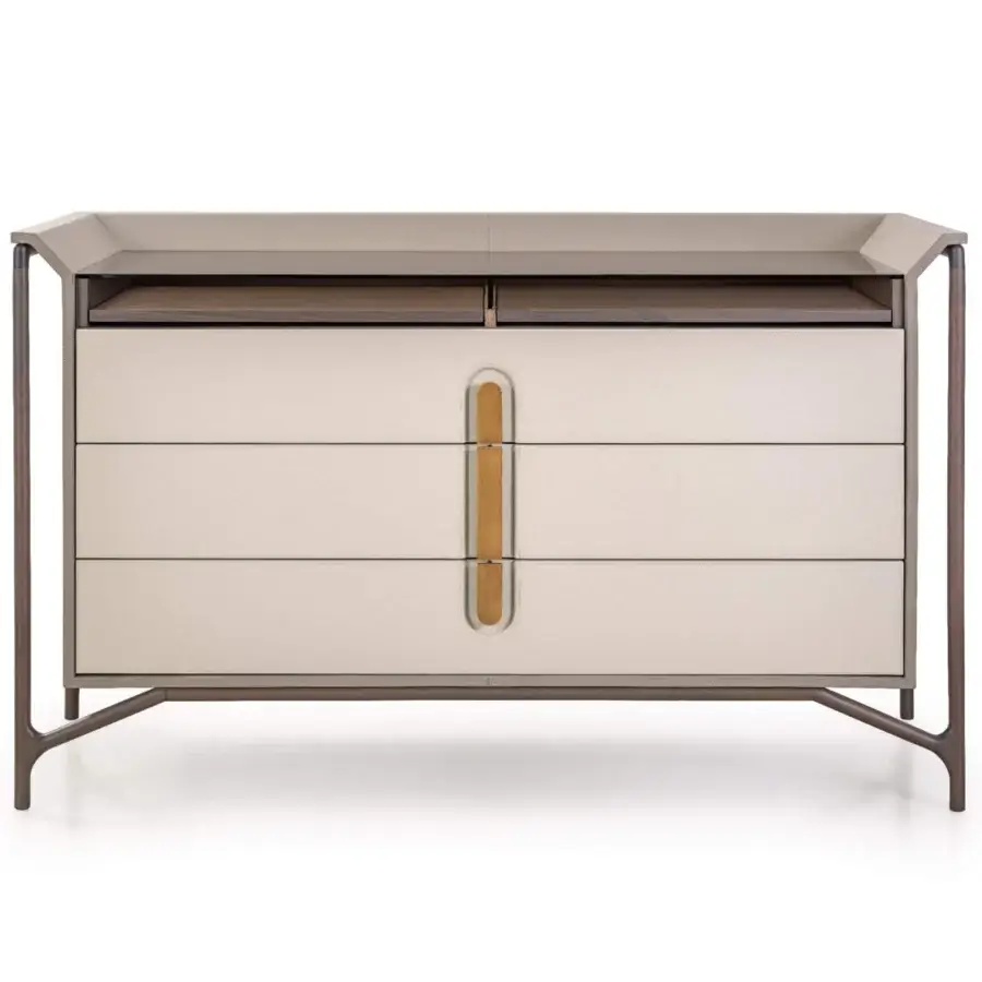 Exceptional Turri Vine dresser with wood frame and beige leather drawers, complemented by bronzed glass and brushed gold metal detailing