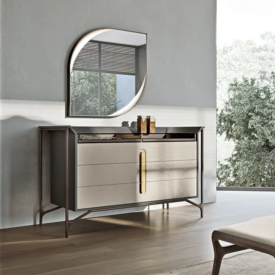 Lavish Turri Vine dresser with wood and leather, showcasing a matte beige finish with bronzed glass and brushed gold metal accents