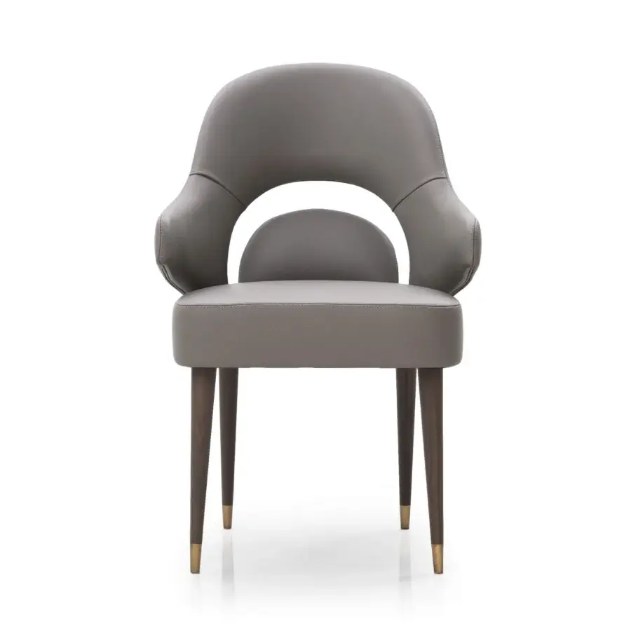 Exclusive Turri Vine armchair with arched opening and wings crafted in smooth matte gray leather with natural wood legs and brushed gold details