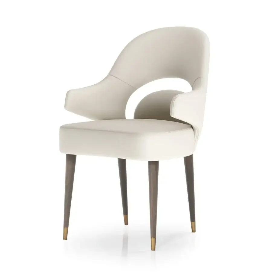 Distinguished Turri Vine armchair with arched opening and integrated wings in cream leather with brushed gold finished natural wood legs