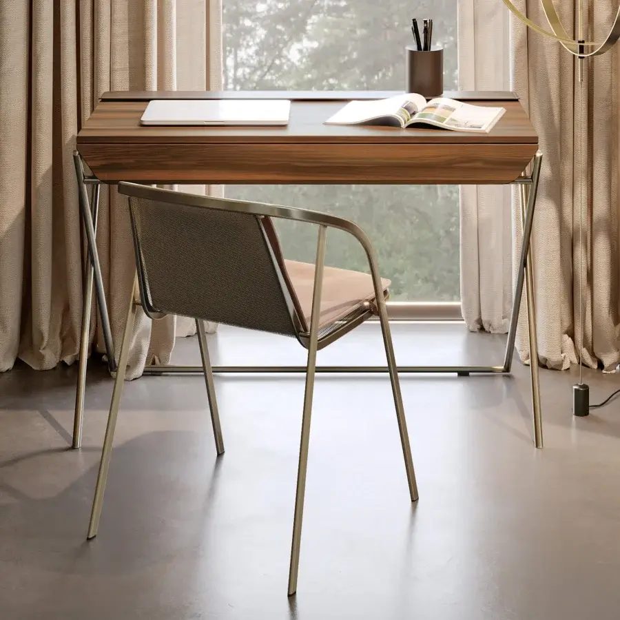 Exceptional Bontempi Matisse desk crafted in dark brown wood with a sleek brass-toned metal frame and distinctive X-shaped legs