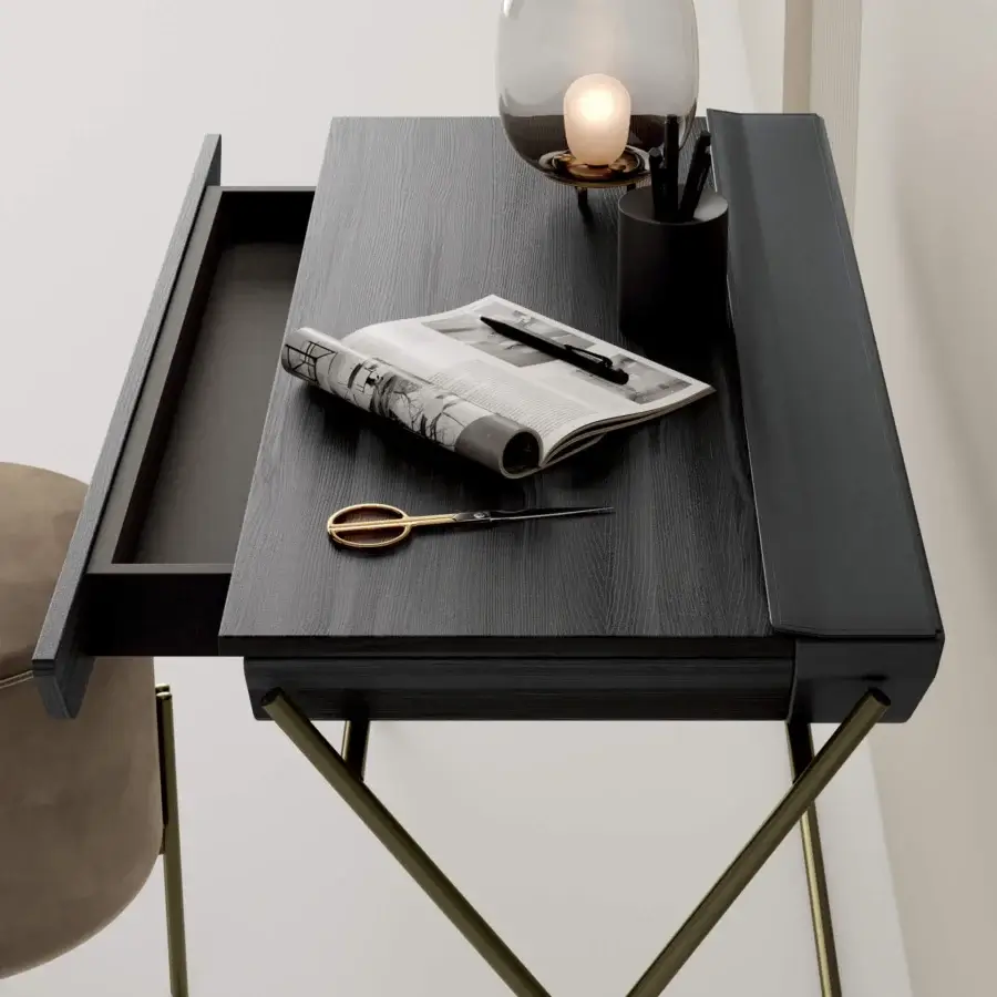 Elegant Bontempi Matisse desk in dark-stained wood with brass-toned metal legs and a retractable drawer