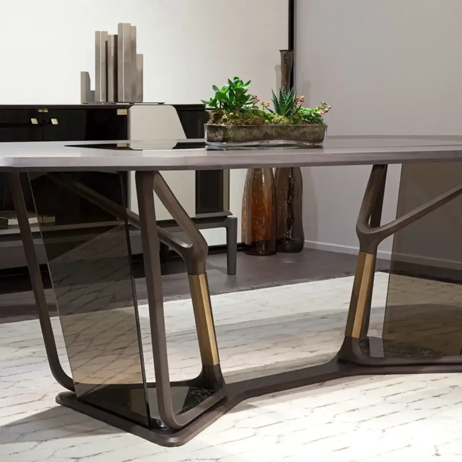 Exceptional Turri Vine table with a natural wood base, bronzed glass and marble inserts with a greyish-brown matte finish