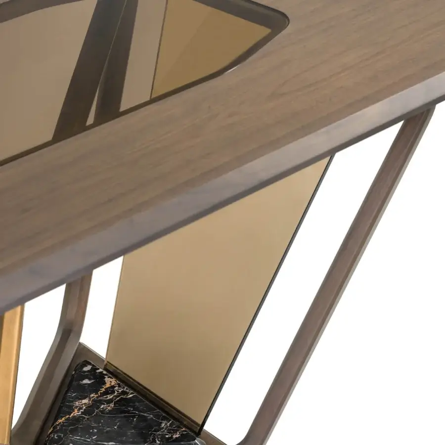 Lavish Turri Vine table with a branched natural wood base, brushed gold metal and refined marble inserts