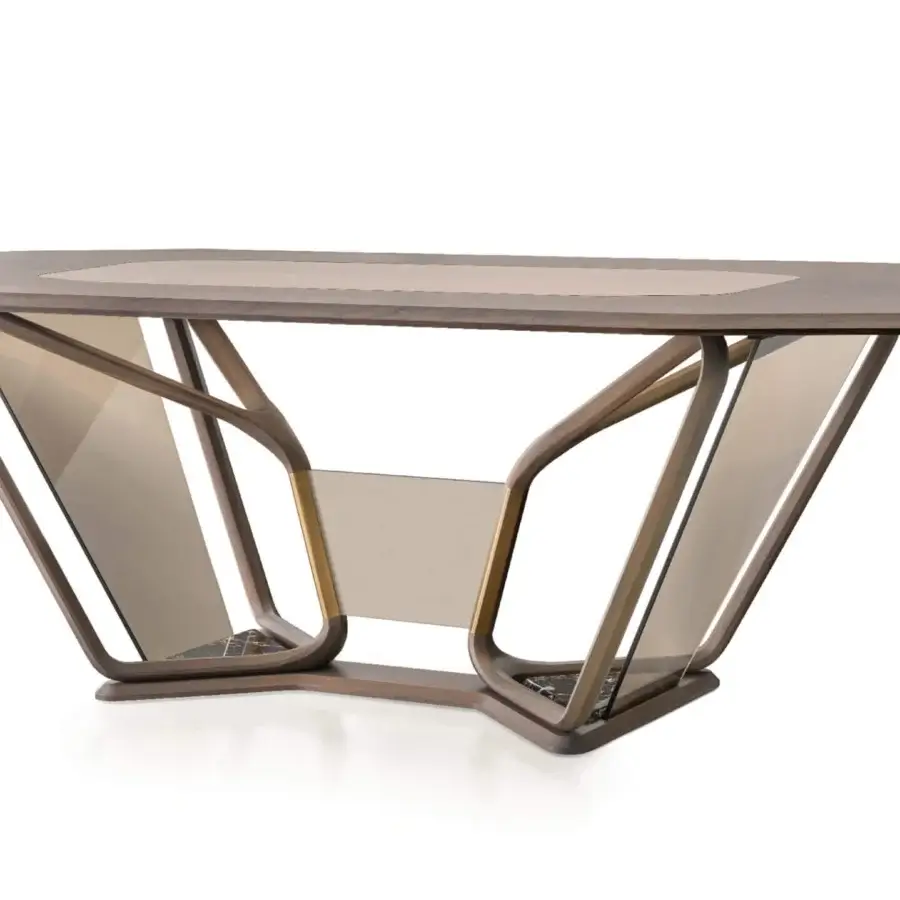 Distinguished Turri Vine table with a sculptural natural wood base, bronzed glass and refined marble inserts in brushed gold finish
