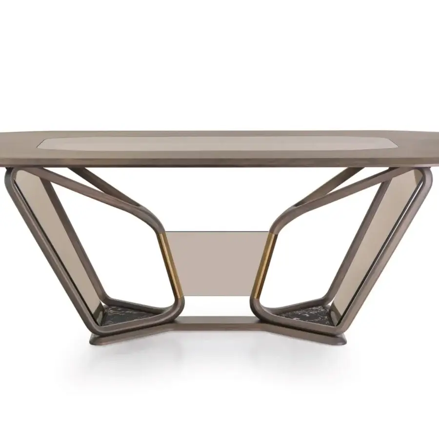 Exceptional Turri Vine table with a sculptural natural wood structure, bronzed glass, and refined marble accents in brushed gold finish