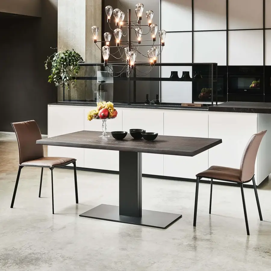 Superior Cattelan Italia Elvis Wood table with graphite embossed steel base and solid Canaletto walnut top crafted with irregular edges