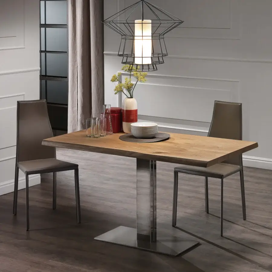 Distinguished Cattelan Italia Elvis Wood table with Canaletto walnut top and satin stainless steel base crafted with polished accents