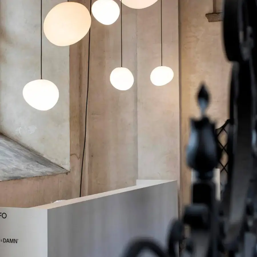 Superior Foscarini Gregg Outdoor suspension lamp in off-white matte rotational molded polyethylene with rounded form