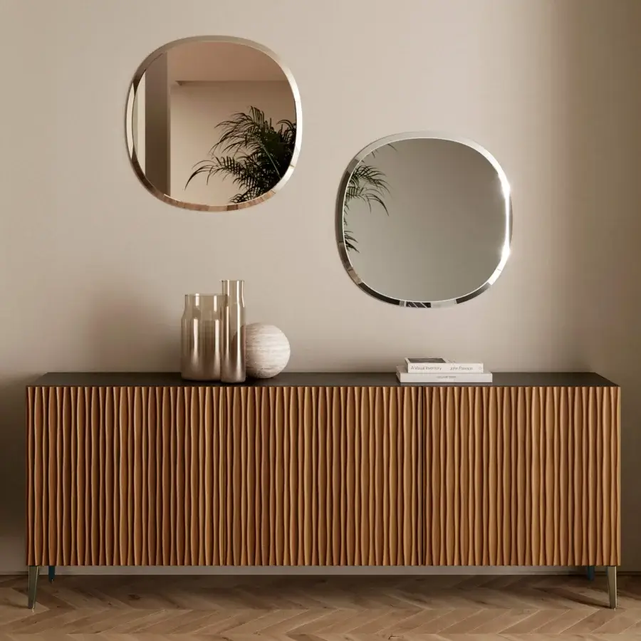 Distinguished Bontempi Musa sideboard with light brown wood and vertical grooves, complemented by a dark matte top and metallic legs
