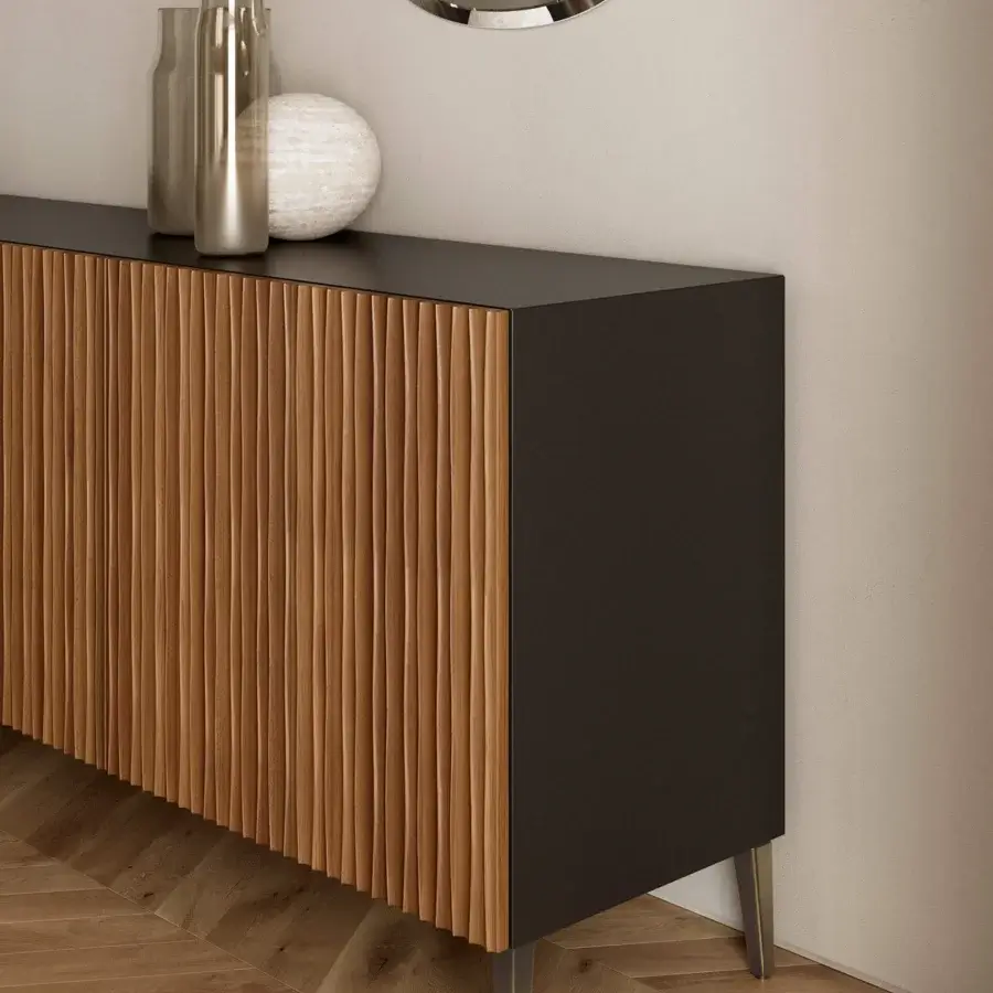 Exceptional Bontempi Musa sideboard with dark wood and light brown vertically textured woodgrain, built with slender metal legs