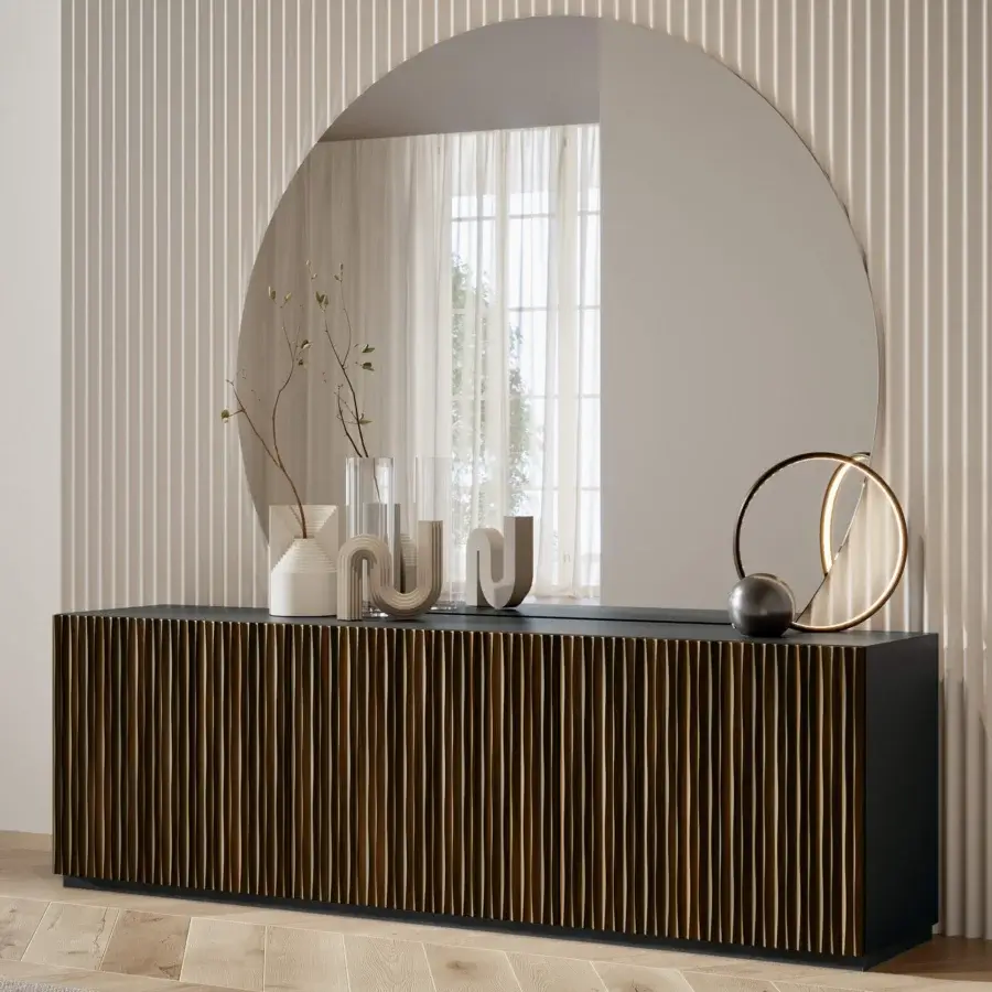 Superior Bontempi Musa sideboard with textured light beige or gold front and sleek matte black sides crafted for modern interiors
