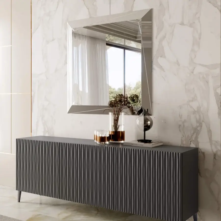 Distinctive Bontempi Musa sideboard with vertically ribbed cabinet sections and dark gray matte finish