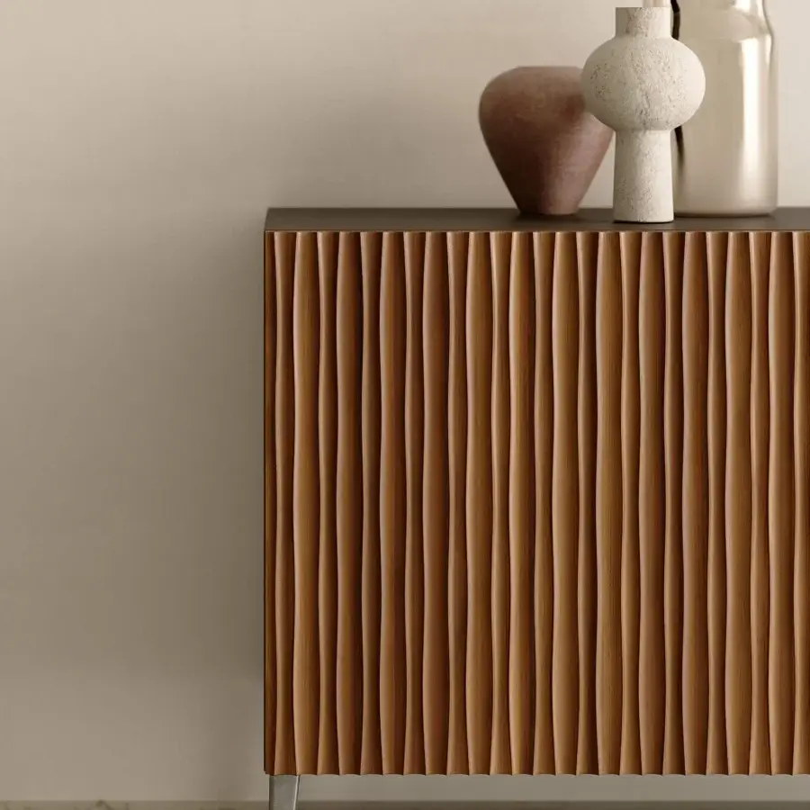 Elegant Bontempi Musa sideboard with textured wood panels and matte metal legs in a dark finish