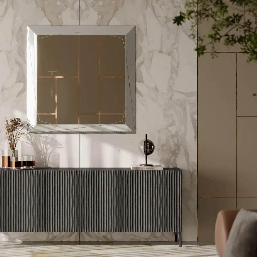 Exceptional Bontempi Musa sideboard with ribbed front and dark gray matte wood, supported by slender legs