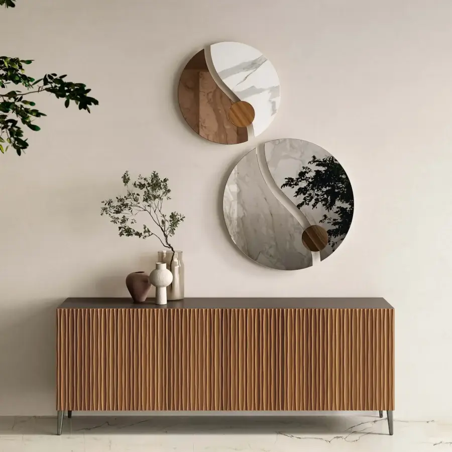 Superior Bontempi Musa sideboard with fluted warm brown wood and dark metal legs crafted in Italy