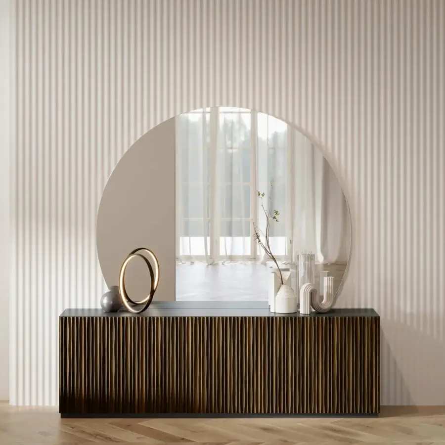Elegant Bontempi Musa sideboard with vertical striated dark brown wood and smooth dark gray surface, awarded German Design Award 2025