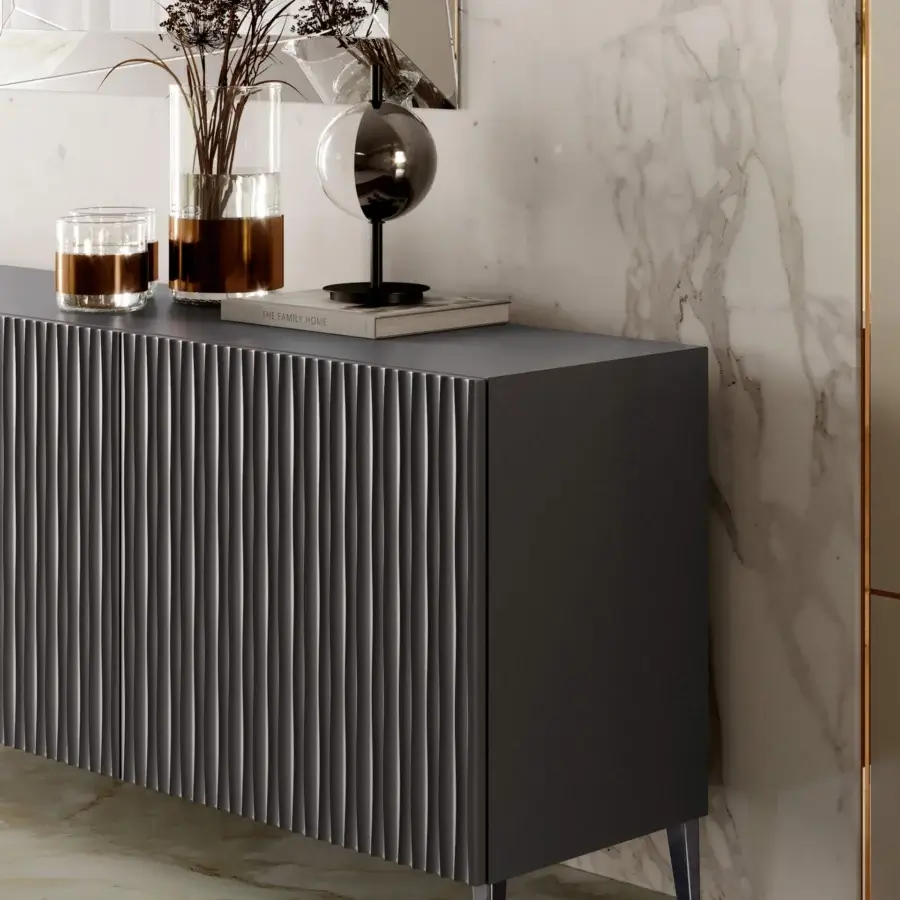Distinguished Bontempi Musa sideboard with vertically ribbed matte gray doors and tapered legs, recognized with the German Design Award 2025