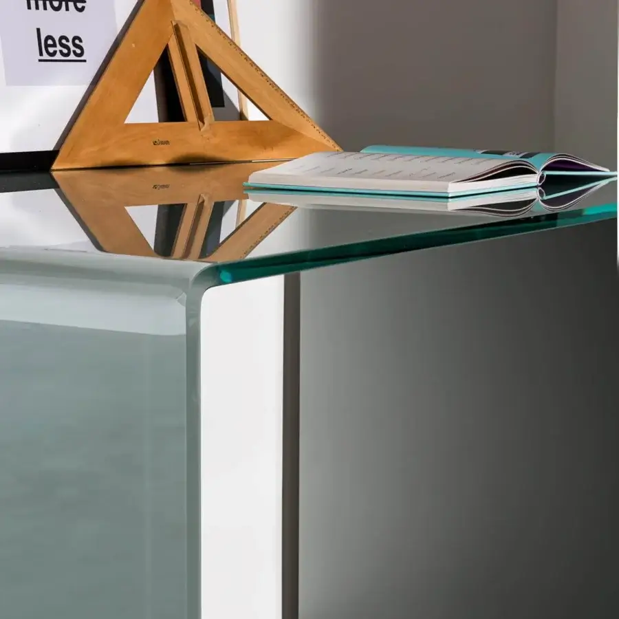 Exclusive Sovet Italia Bridge desk crafted with bent extra light glass in a glossy green-tinted finish