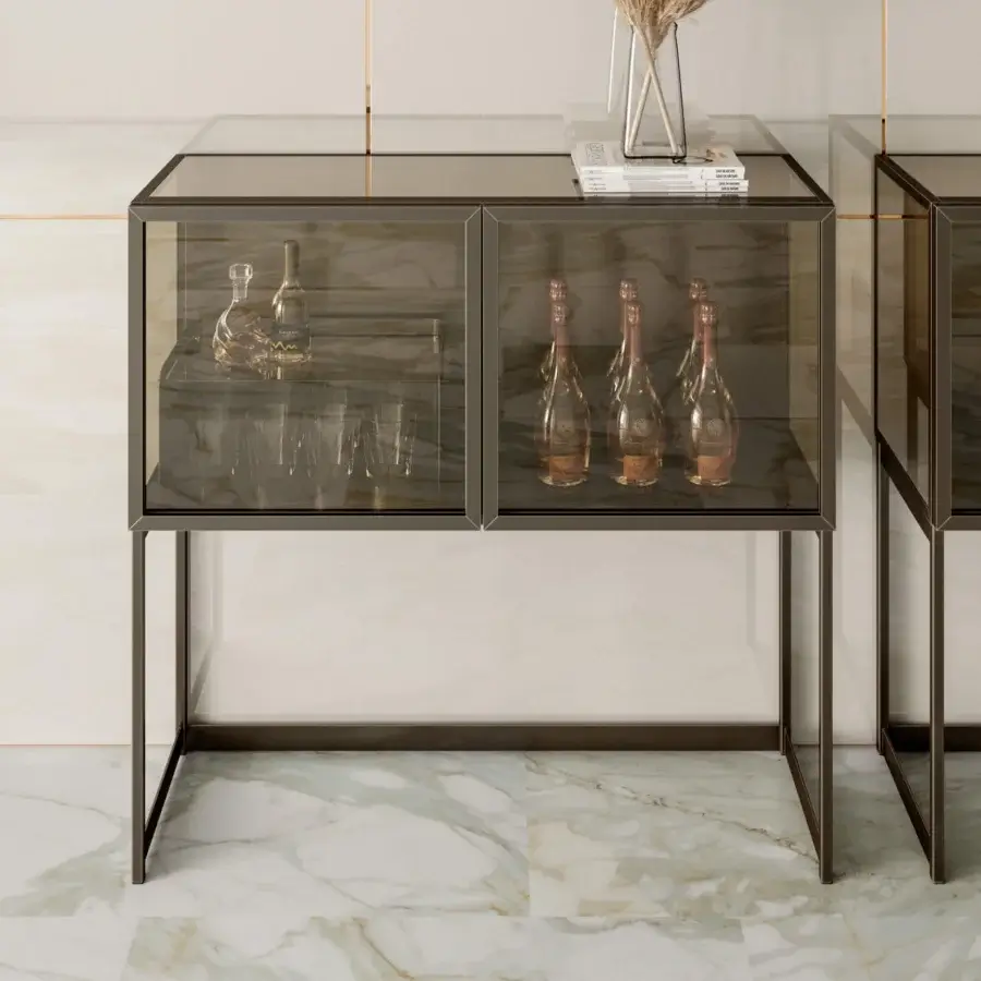 Superior Bontempi Elvis cabinet with transparent bronzed glass and dark metal profile, built with a bronze mirrored shelf inside