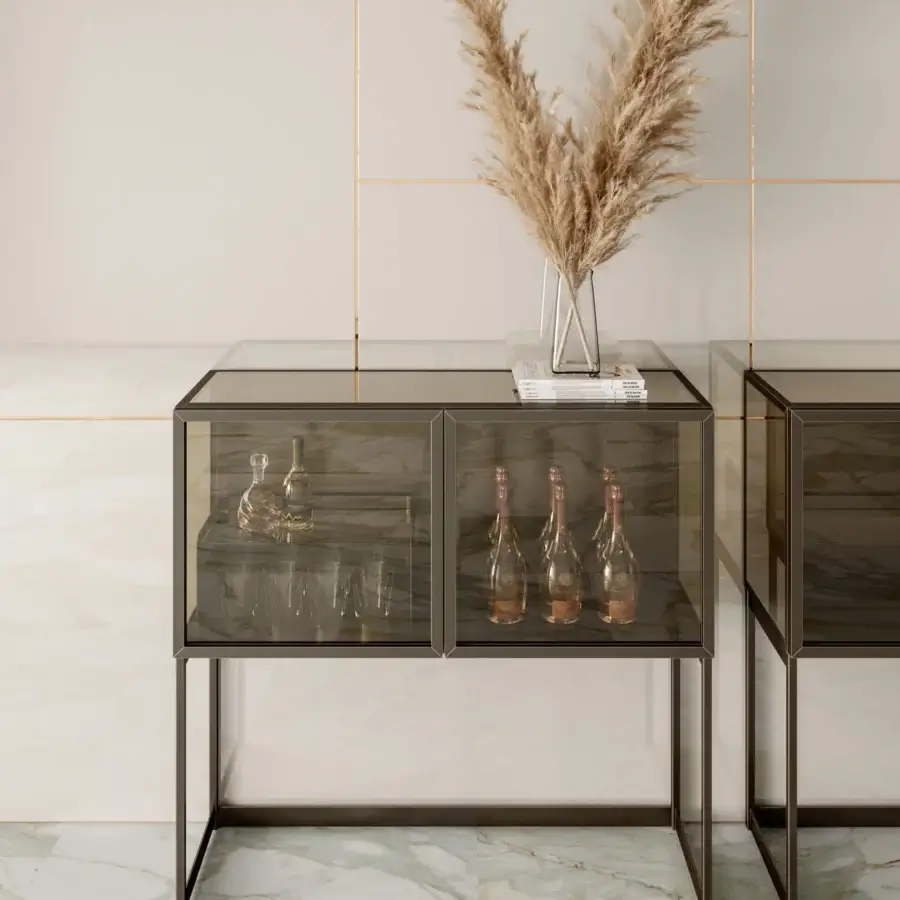 Exceptional Bontempi Elvis cabinet with transparent bronzed glass and dark metal profile in a matte finish
