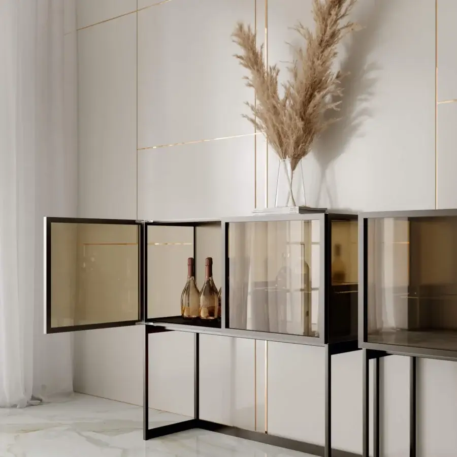 Lavish Bontempi Elvis cabinet with transparent bronzed glass, black metal legs and light beige gold accents