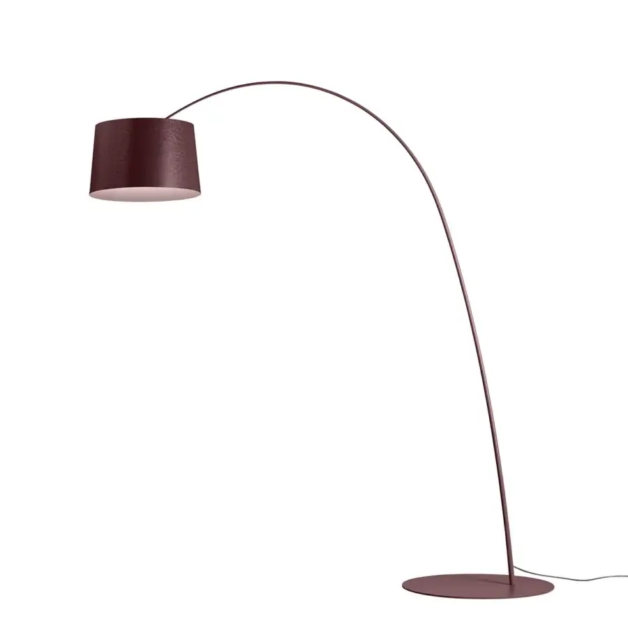 Exceptional Foscarini Twiggy floor lamp with a curved fiberglass shade and burgundy liquid coated finish built with a metal base