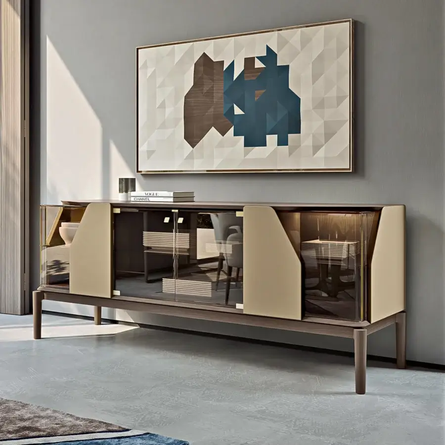 Architectural Turri Vine sideboard crafted in wood with embedded glass and beige leather applications, enhanced with internal lighting