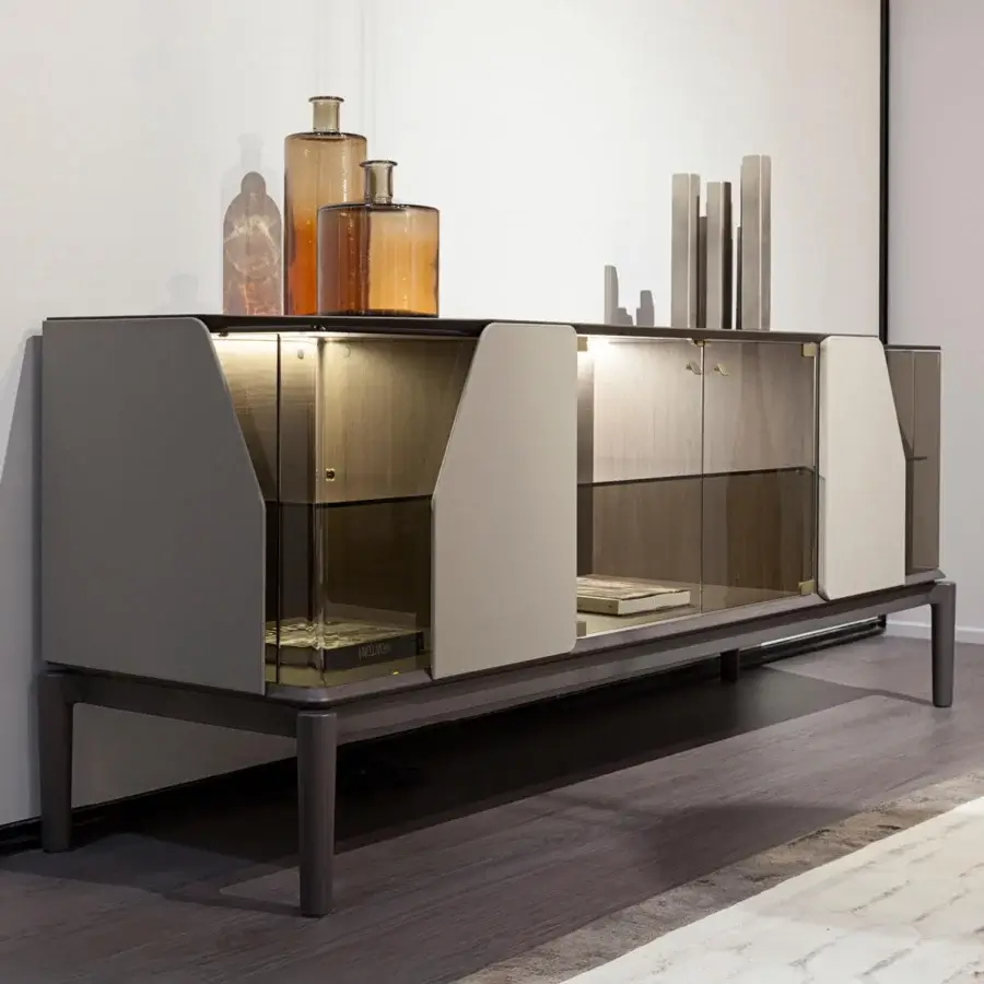 Exclusive Turri Vine sideboard built in wood with bronze-tinted glass and leather accents in gray and light beige with a matte finish
