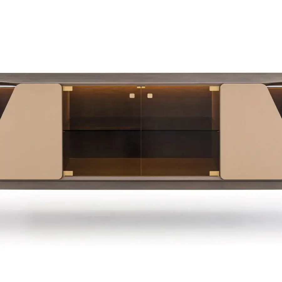 Distinguished Turri Vine sideboard built in wood with glass elements and leather accents in a matte medium-tone brown finish