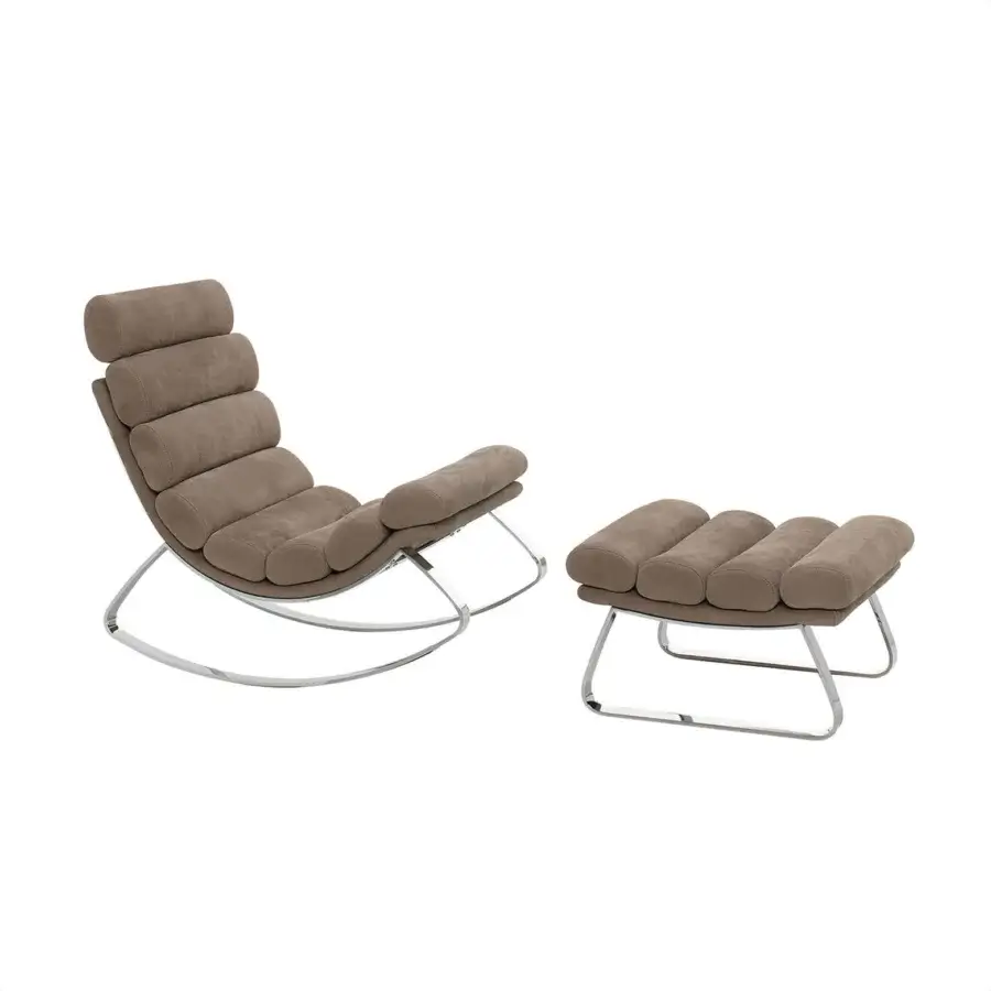 Exceptional Cierre1972 Monet rocking chair with ottoman crafted in metal and soft neutral taupe textile with polished finish