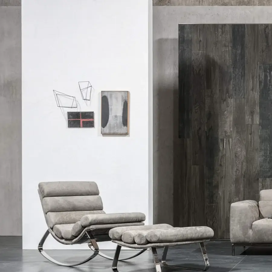 Superior Cierre1972 Monet rocking chair in matte gray textile with a reflective metal frame