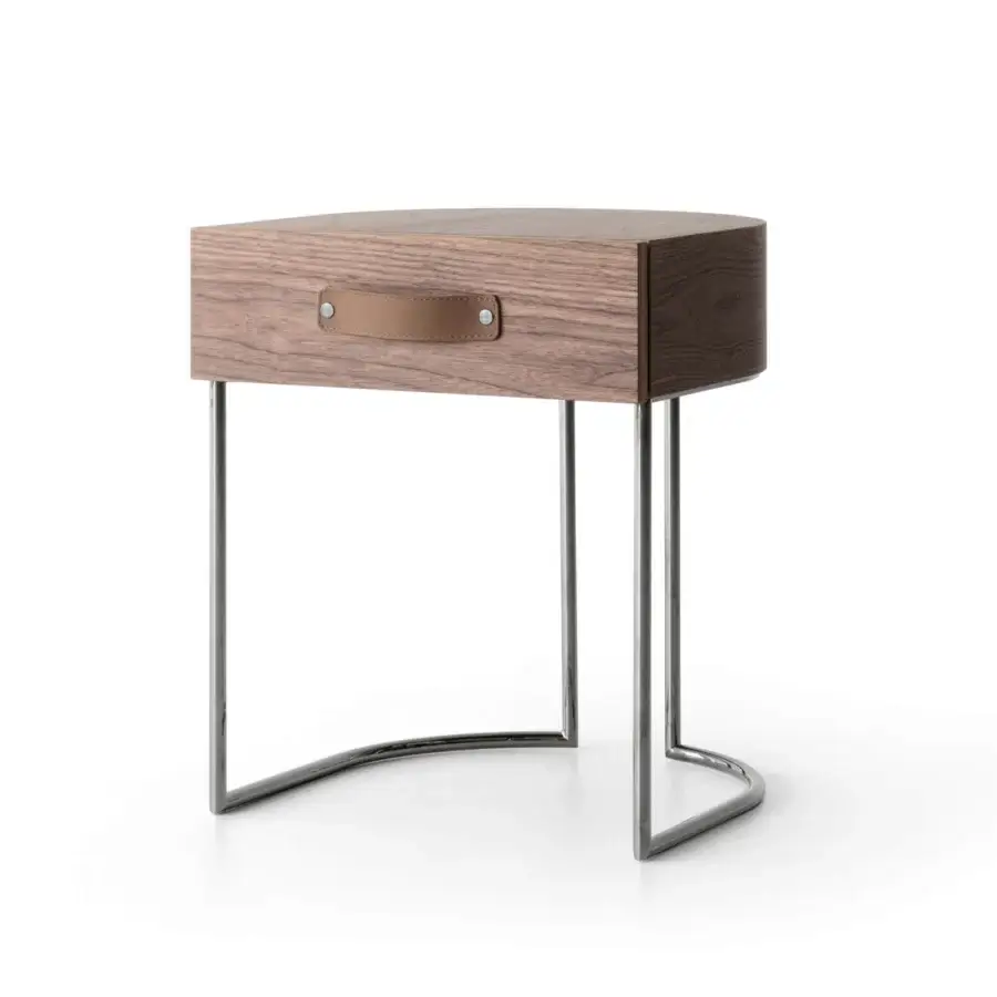 Elegant Cierre1972 Dino nightstand in medium brown wood with tan leather-like handle and matte finish
