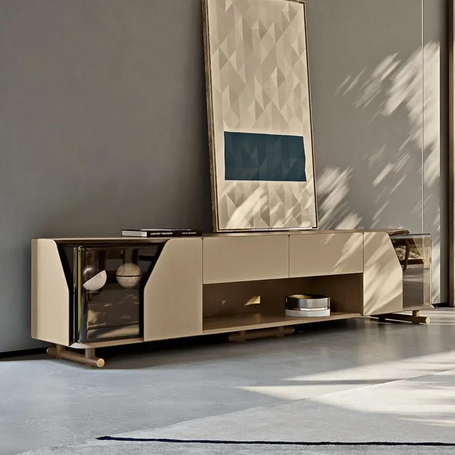 Architectural Turri Vine TV stand with beige wood, leather drawers and smoked glass revealing sphere objects within, plus internal lighting
