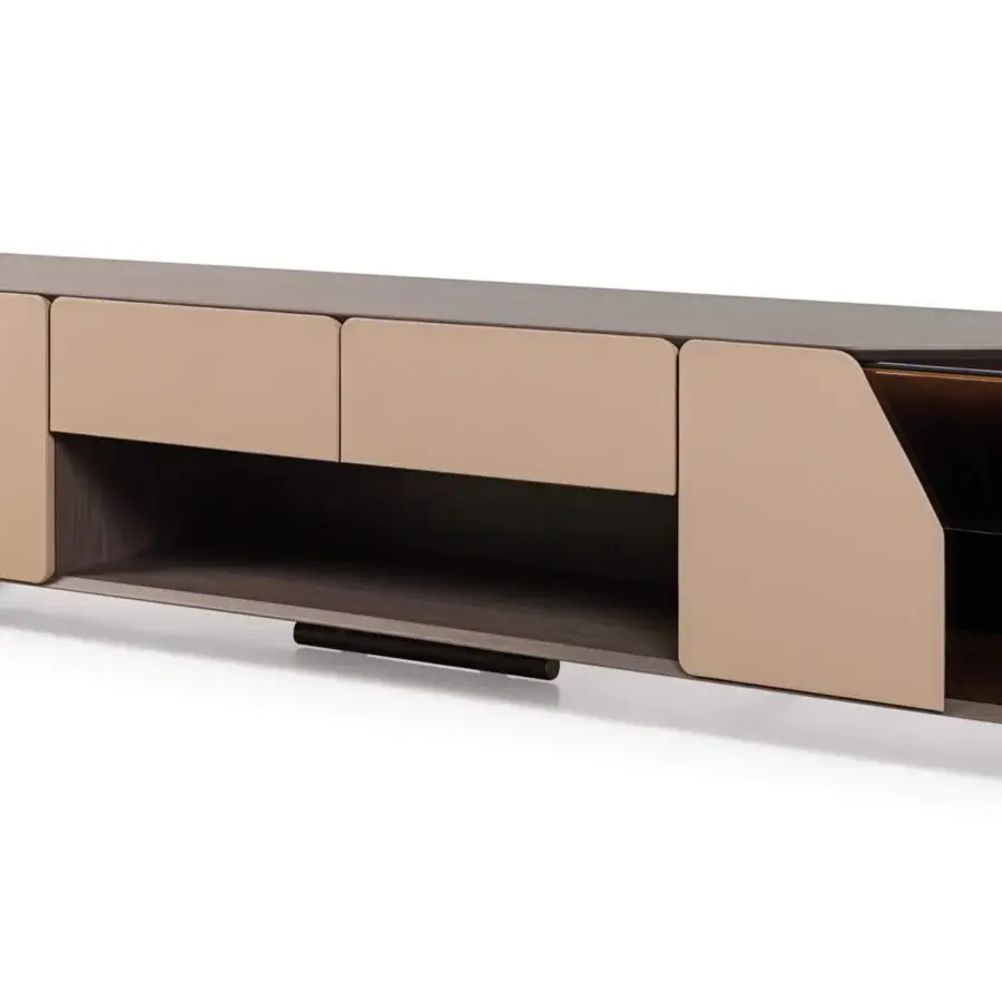 Lavish Turri Vine TV stand with embedded glass, dark brown wood and beige leather applications showcasing internal lighting