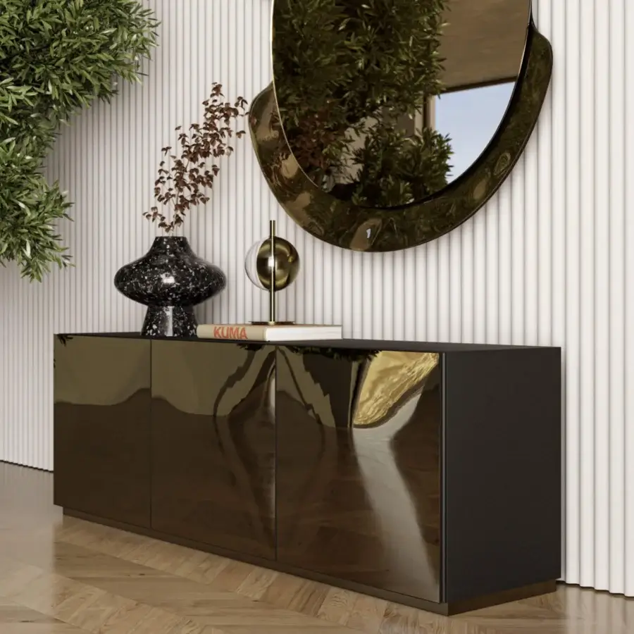 Exceptional Bontempi Eden sideboard crafted in bronze with mirrored doors and glossy iridescent finish