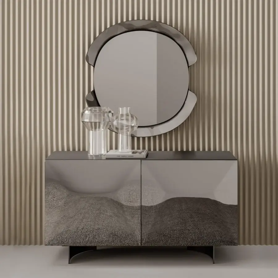 Captivating Bontempi Eden sideboard with cool gray surfaces, mirrored doors, and a curved wave-like design on a dark base