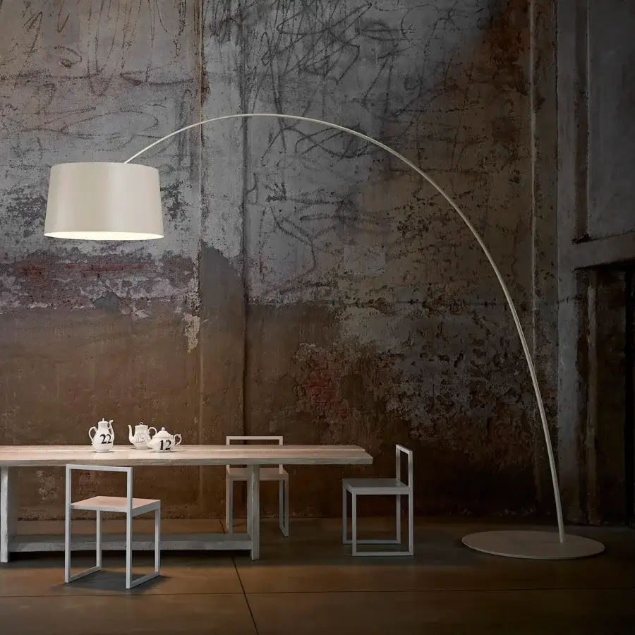 Exceptional Foscarini Twice As Twiggy floor lamp with curved fiberglass shade and painted aluminum cone in a light cream hue